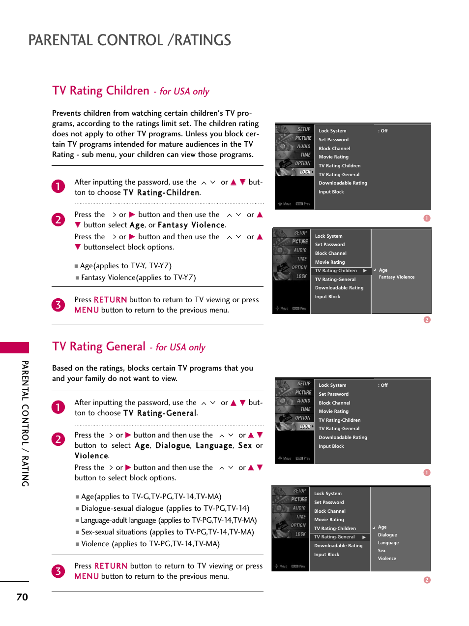 Tv rating children - for usa only, Tv rating general - for usa only, Parental control /ratings | Tv rating children, Tv rating general, For usa only, Parent al contr ol / r ating | LG Z37LC6D User Manual | Page 72 / 104