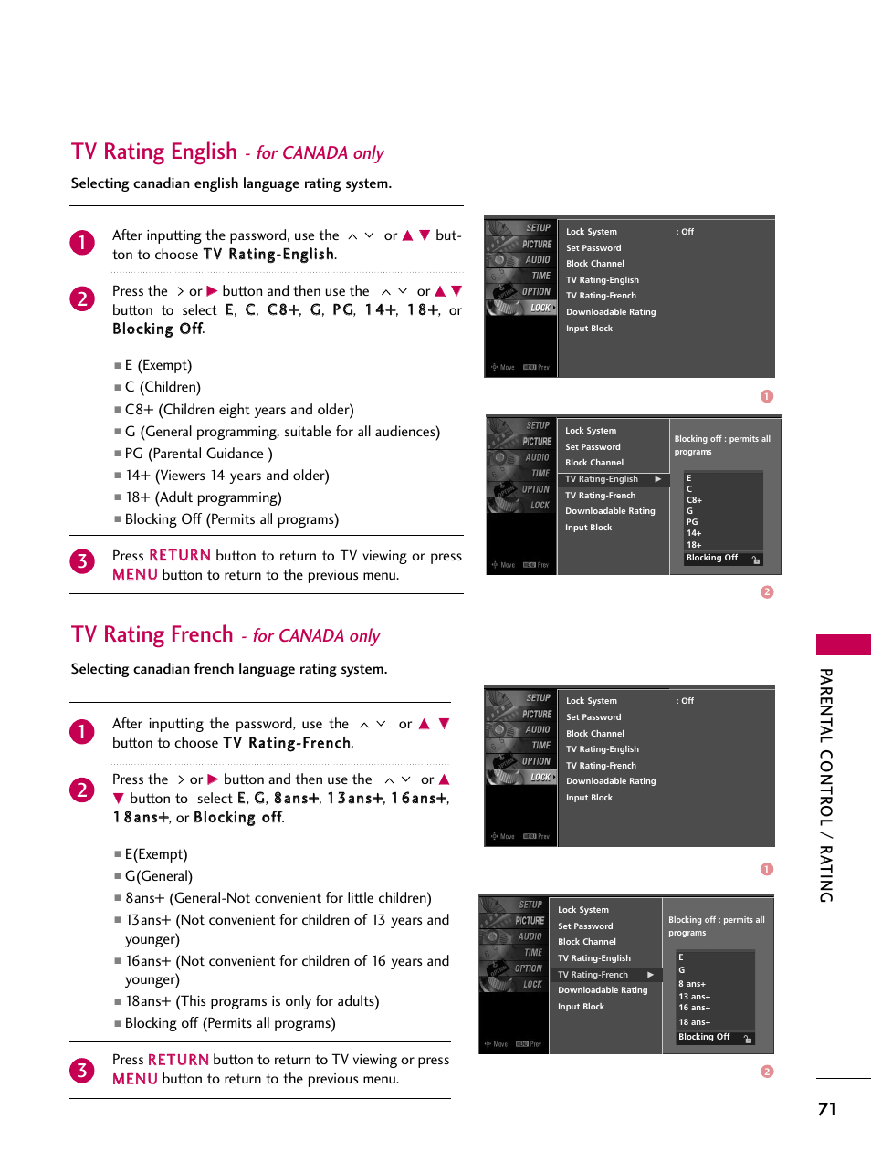 Tv rating english - for canada only, Tv rating french - for canada only, Tv rating english | Tv rating french, For canada only, Parent al contr ol / r ating | LG Z37LC6D User Manual | Page 73 / 104