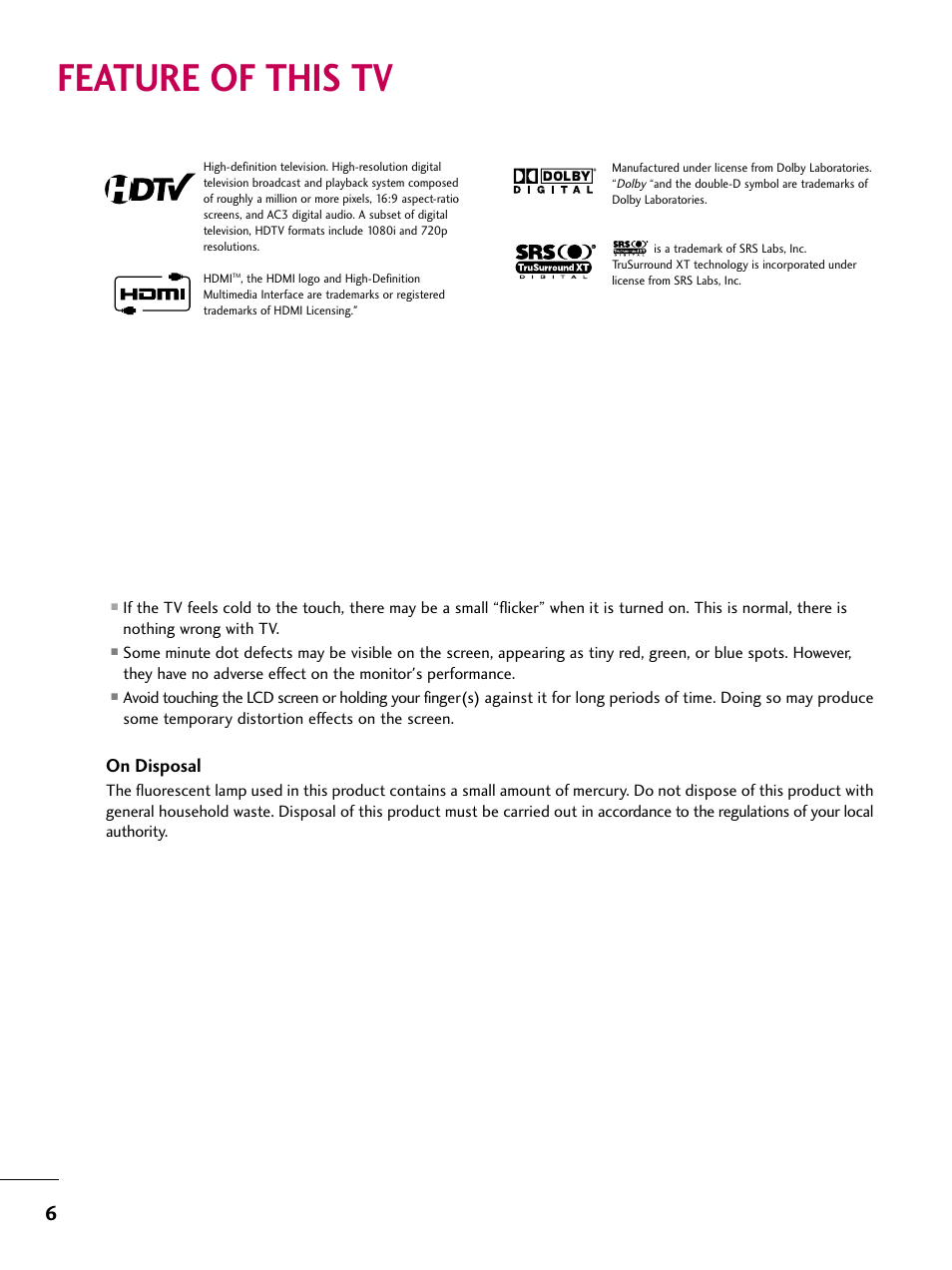 Feature of this tv, On disposal | LG Z37LC6D User Manual | Page 8 / 104