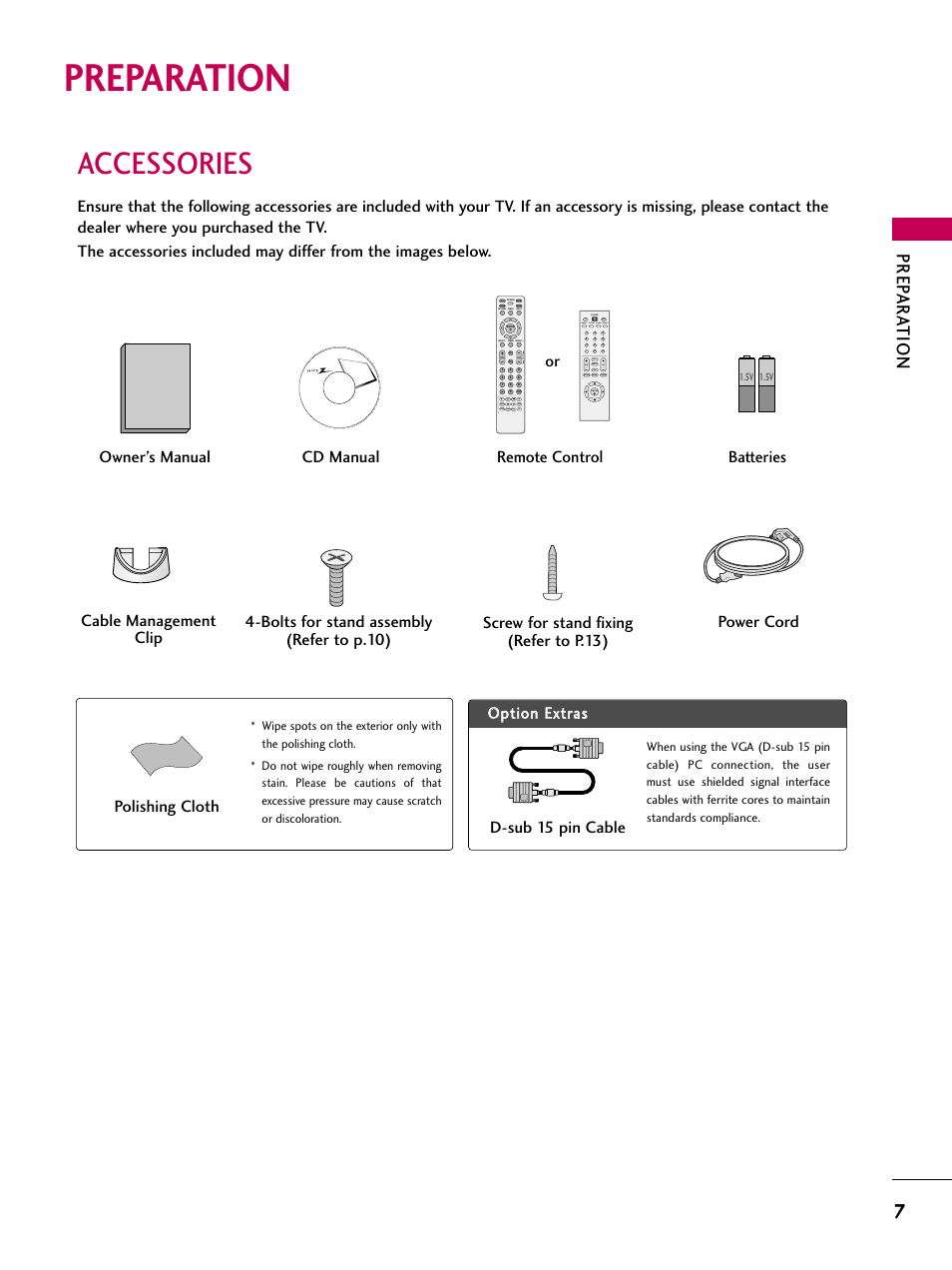 Preparation, Accessories, Prep ar at ion | Remote control or, Polishing cloth d-sub 15 pin cable, Adjust picture sound sap cc ratio, Pa g e | LG Z37LC6D User Manual | Page 9 / 104