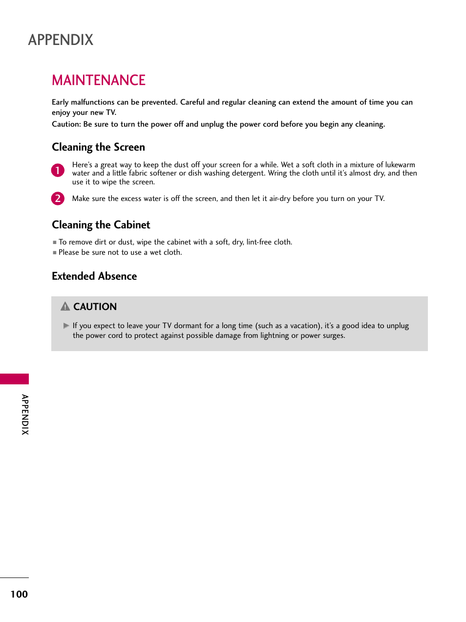 Appendix, Maintenance, Cleaning the screen | Cleaning the cabinet, Extended absence | LG 60PS11 User Manual | Page 102 / 115
