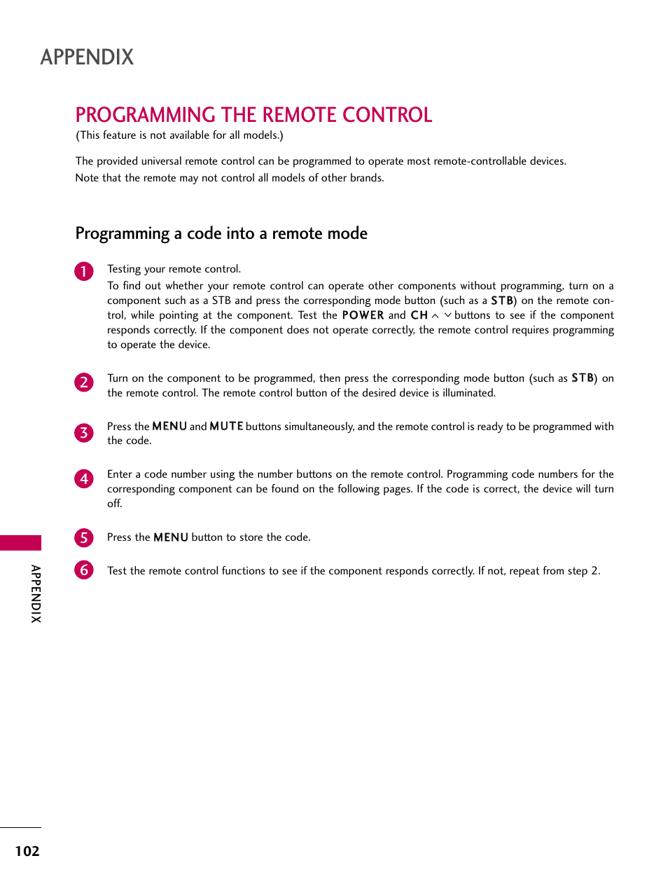 Appendix, Programming the remote control, Programming a code into a remote mode | LG 60PS11 User Manual | Page 104 / 115