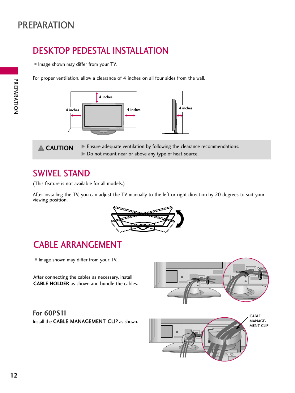 Preparation, Desktop pedestal installation, Swivel stand | Cable arrangement, For 60ps11, Caution | LG 60PS11 User Manual | Page 14 / 115