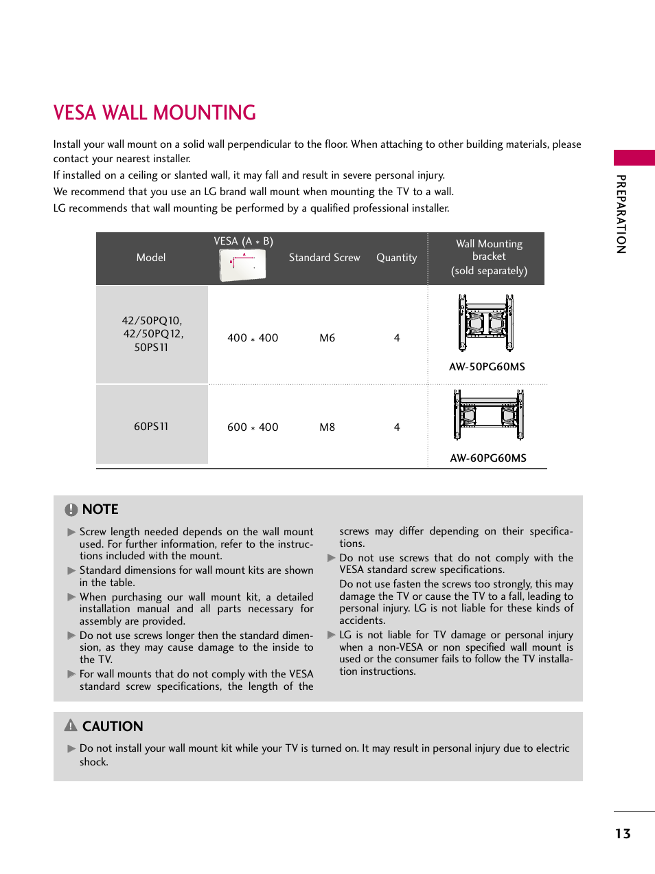 Vesa wall mounting, Caution, Prep ar a t ion | LG 60PS11 User Manual | Page 15 / 115