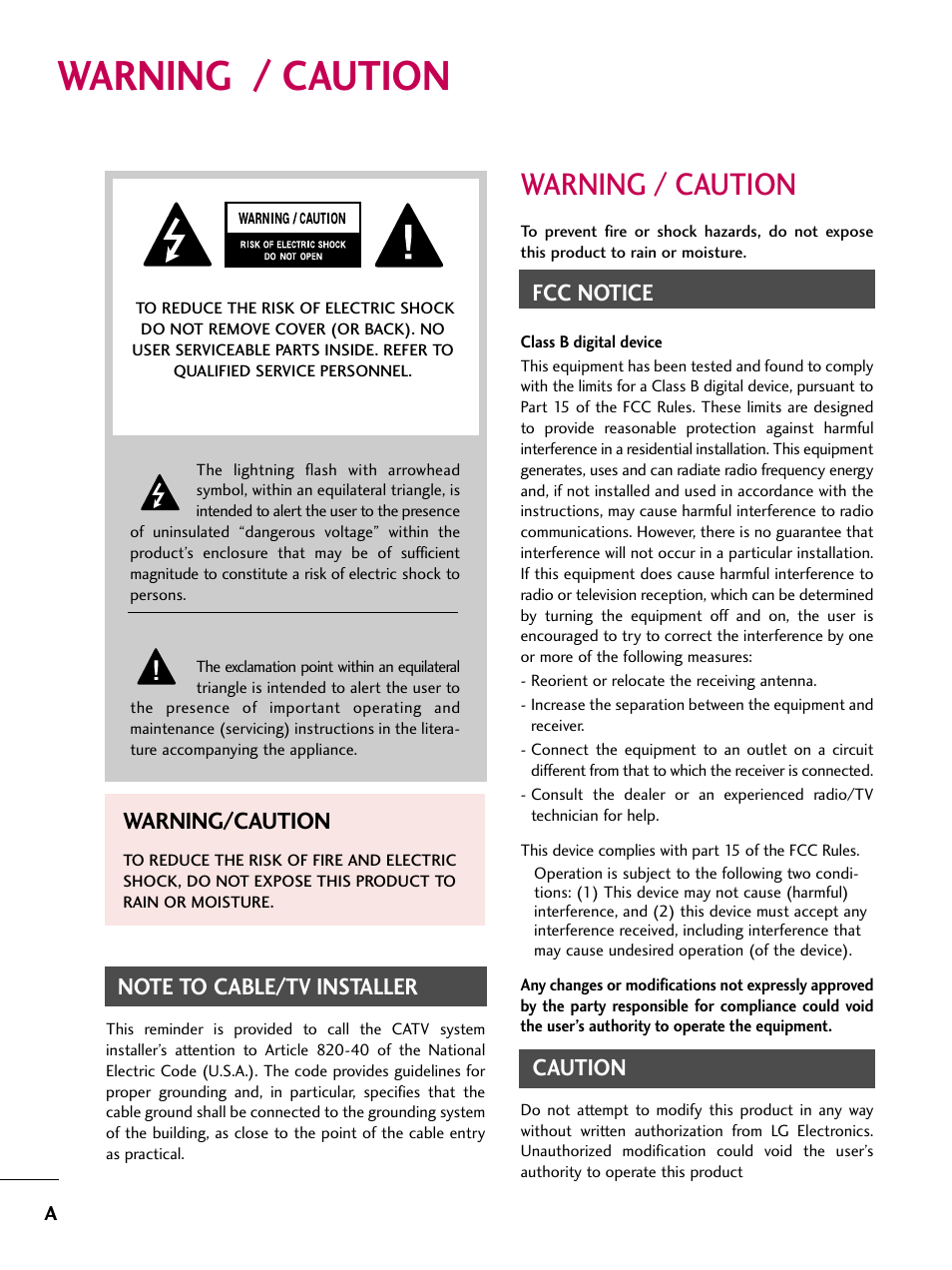Warning / caution, Fcc notice, Caution | Warning/caution | LG 60PS11 User Manual | Page 2 / 115