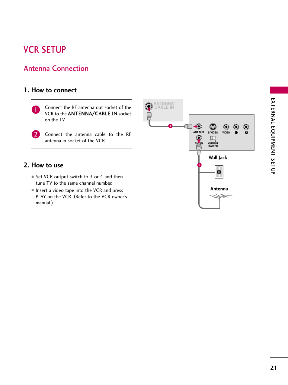 Vcr setup, Antenna connection, How to connect 2. how to use | LG 60PS11 User Manual | Page 23 / 115