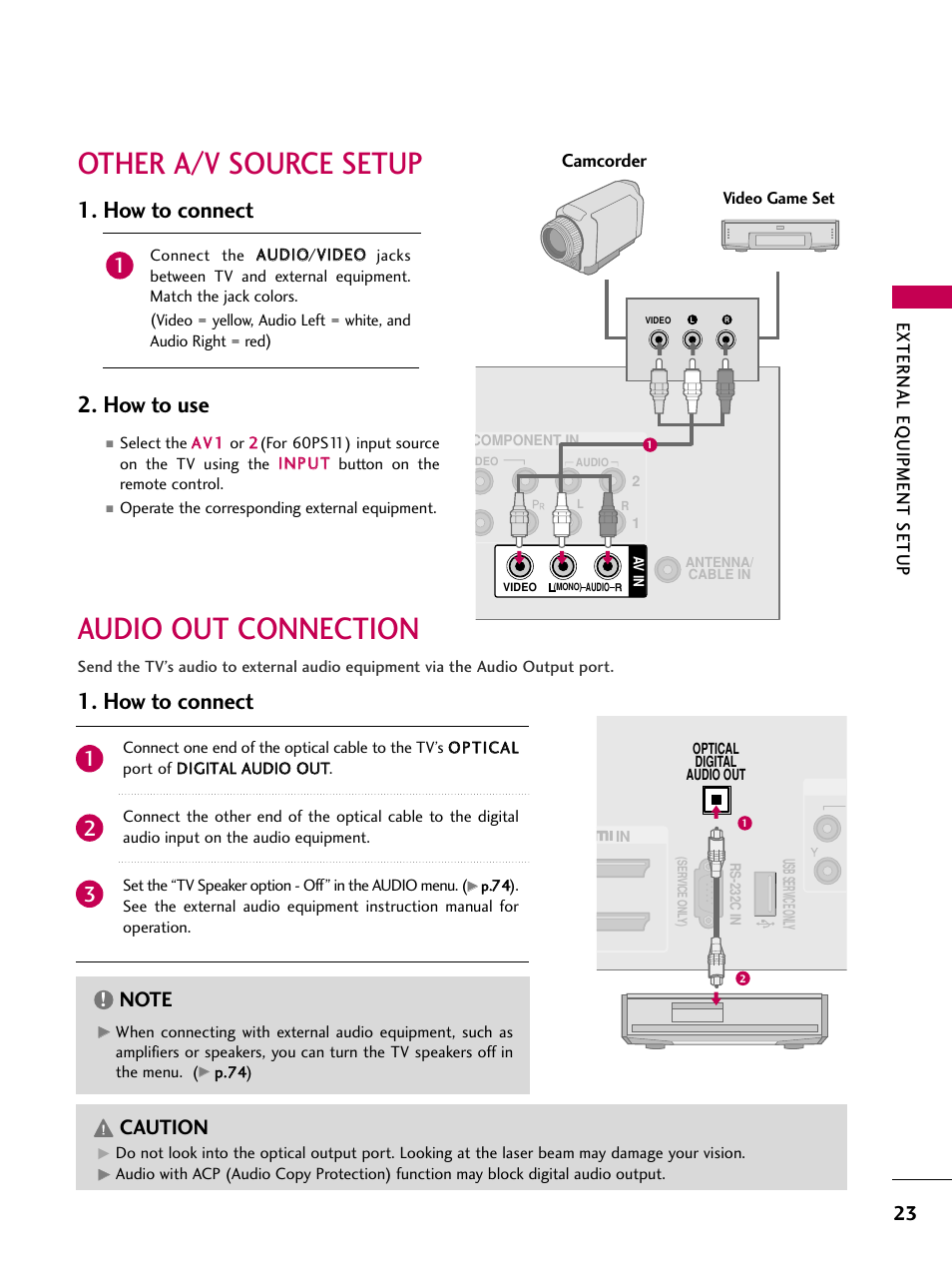 Other a/v source setup audio out connection, How to connect 2. how to use, How to connect | Caution | LG 60PS11 User Manual | Page 25 / 115