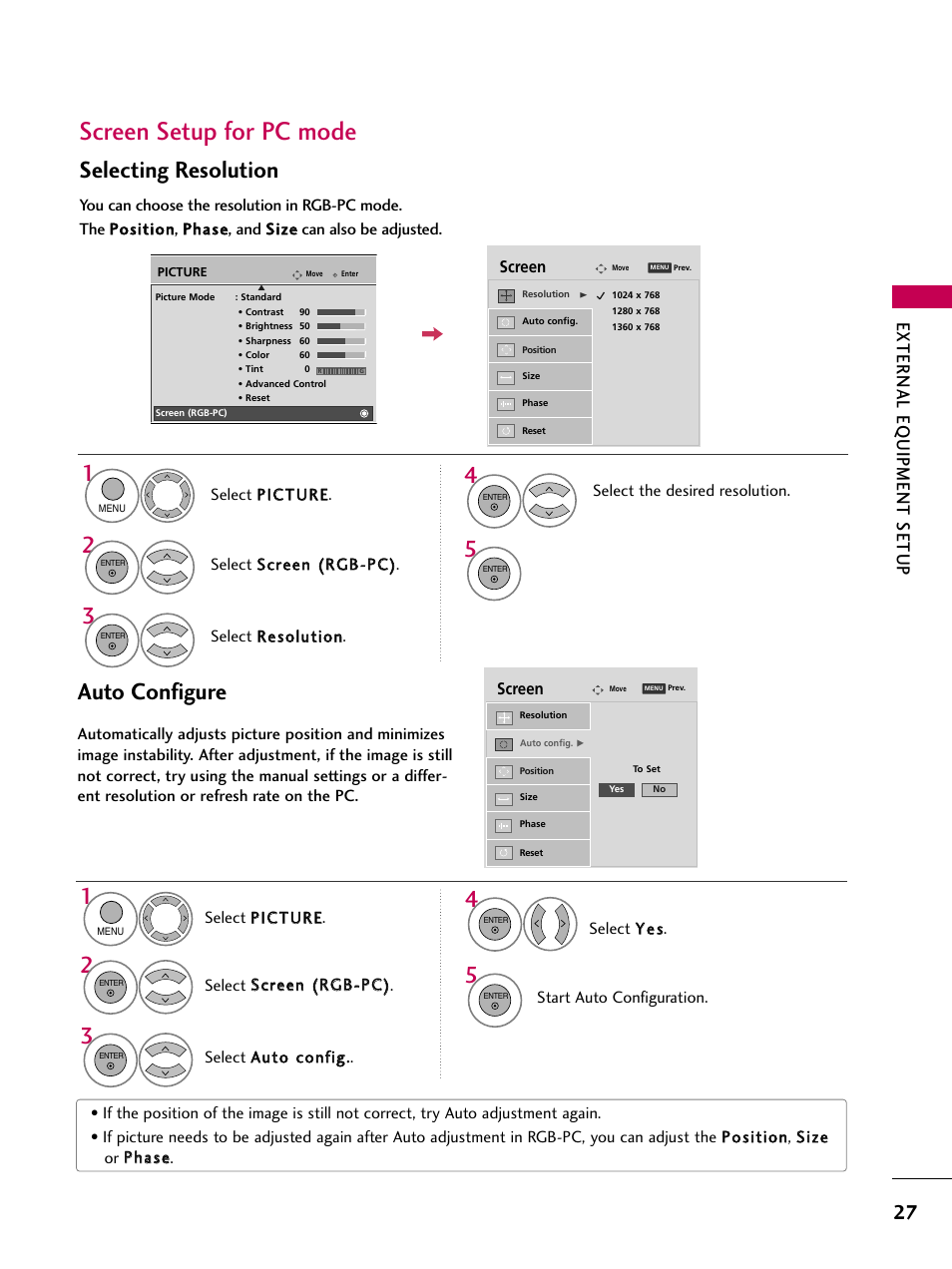 Screen setup for pc mode, Auto configure, Selecting resolution | External eq uipment setup | LG 60PS11 User Manual | Page 29 / 115