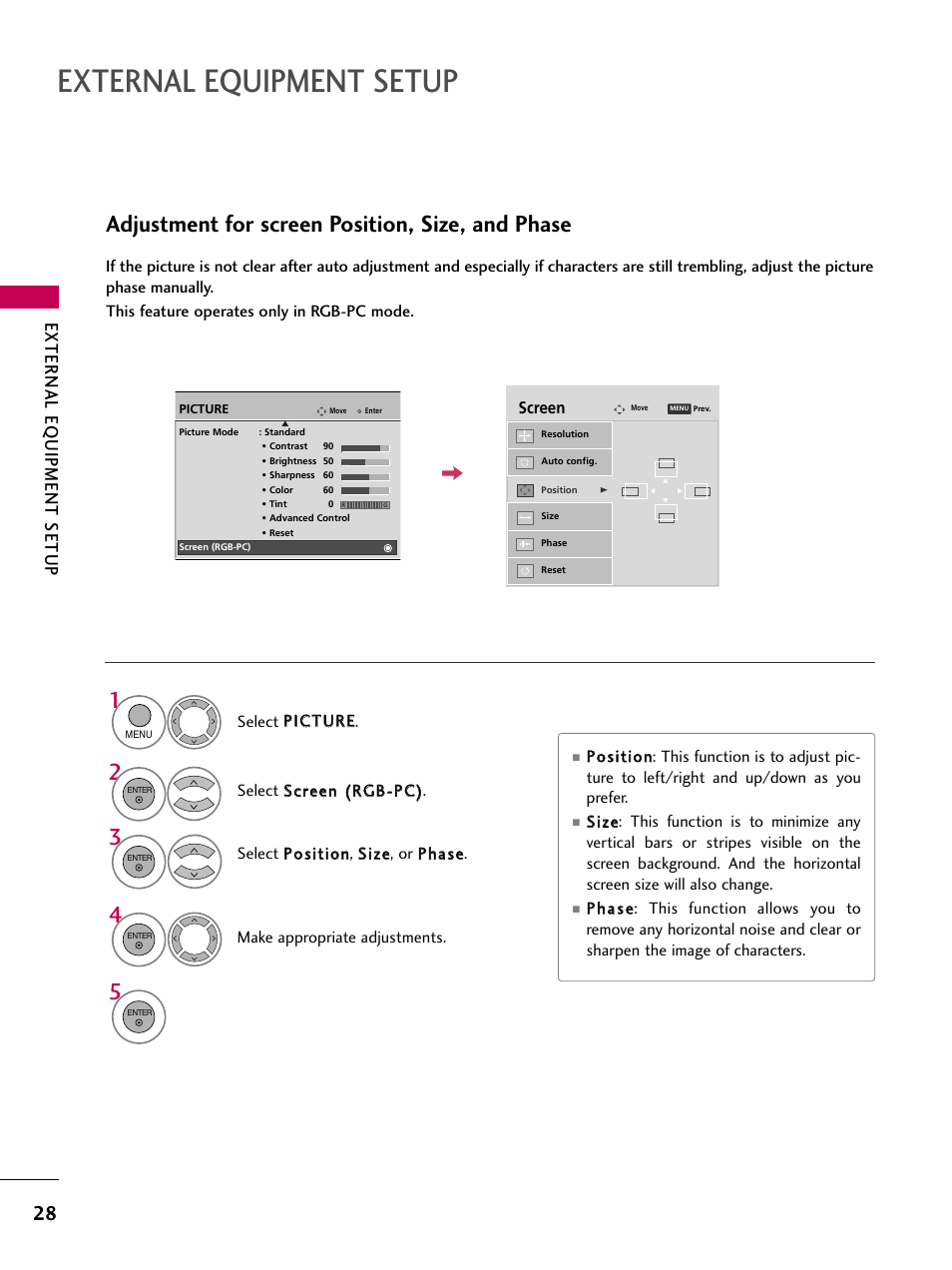 External equipment setup, Adjustment for screen position, size, and phase, External eq uipment setup | LG 60PS11 User Manual | Page 30 / 115