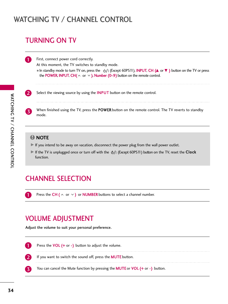 Watching tv / channel control, Turning on tv, Volume adjustment channel selection | LG 60PS11 User Manual | Page 36 / 115