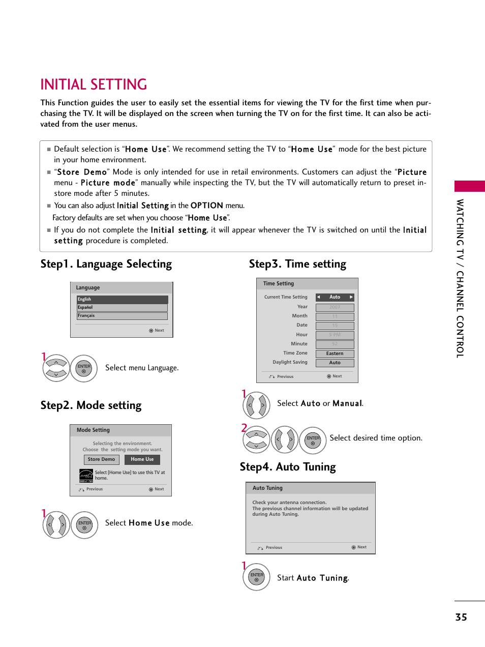 Initial setting, Step2. mode setting, Step1. language selecting | Step3. time setting, Step4. auto tuning, Wa tching tv / channel contr ol | LG 60PS11 User Manual | Page 37 / 115