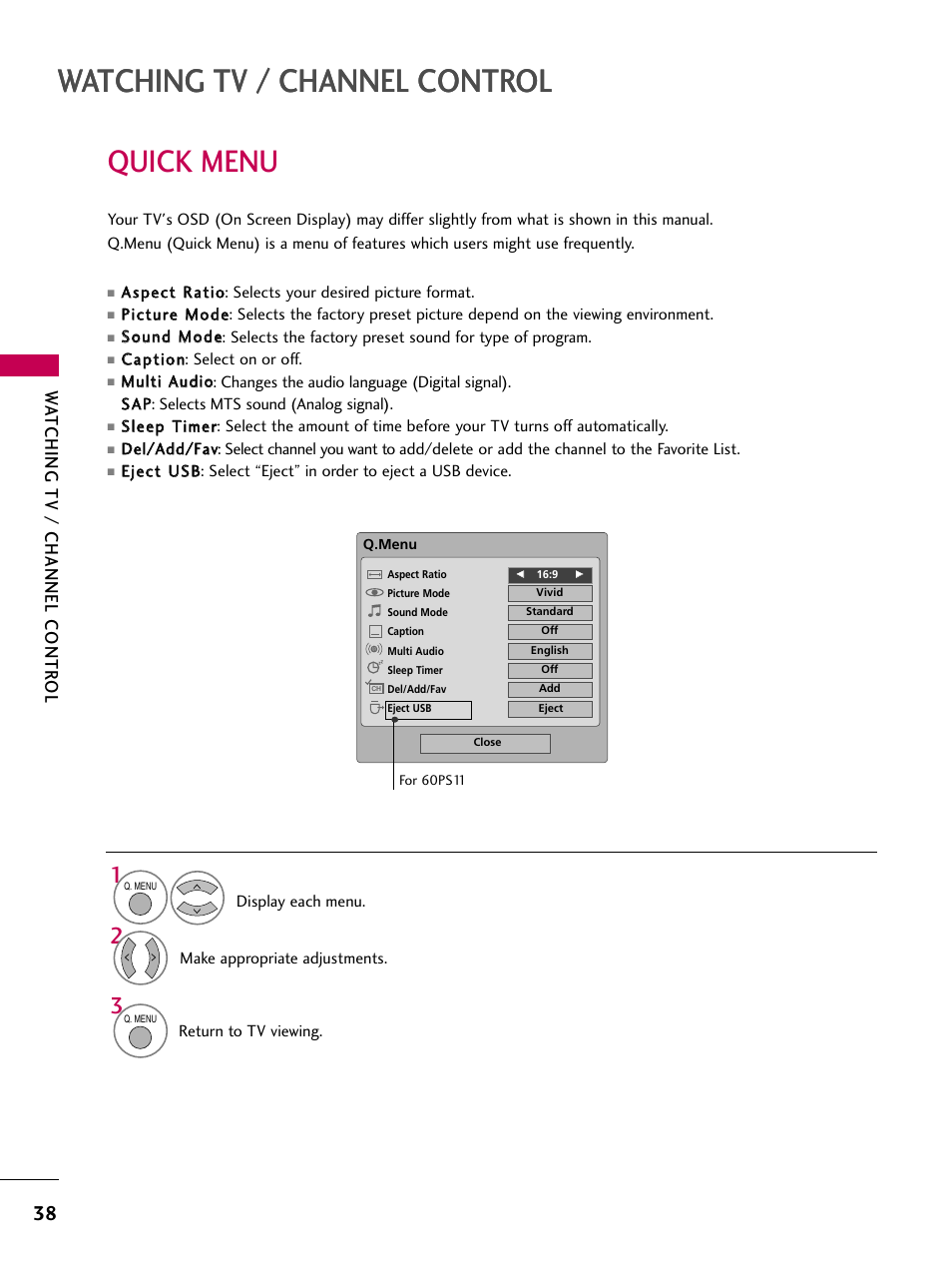 Watching tv / channel control, Quick menu, Wa tching tv / channel contr ol | LG 60PS11 User Manual | Page 40 / 115