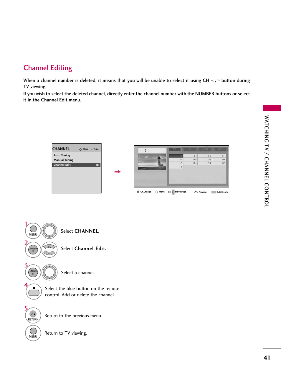Channel editing, Wa tching tv / channel contr ol | LG 60PS11 User Manual | Page 43 / 115