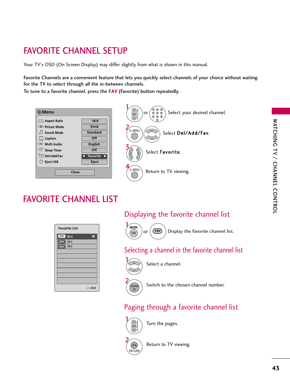 Favorite channel setup, Favorite channel list, Selecting a channel in the favorite channel list | Paging through a favorite channel list, Displaying the favorite channel list, Wa tching tv / channel contr ol | LG 60PS11 User Manual | Page 45 / 115