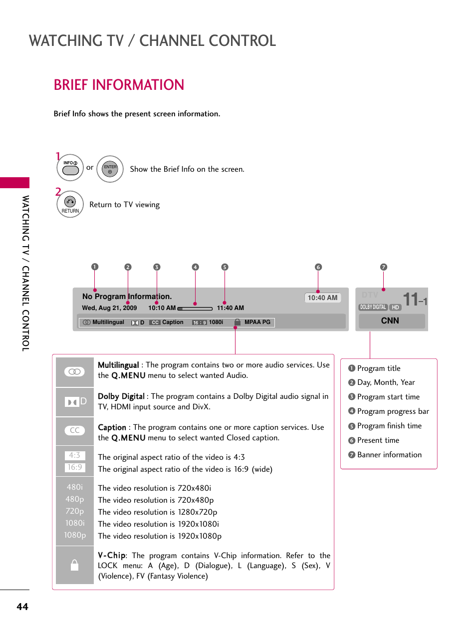 Watching tv / channel control, Brief information, Wa tching tv / channel contr ol | LG 60PS11 User Manual | Page 46 / 115