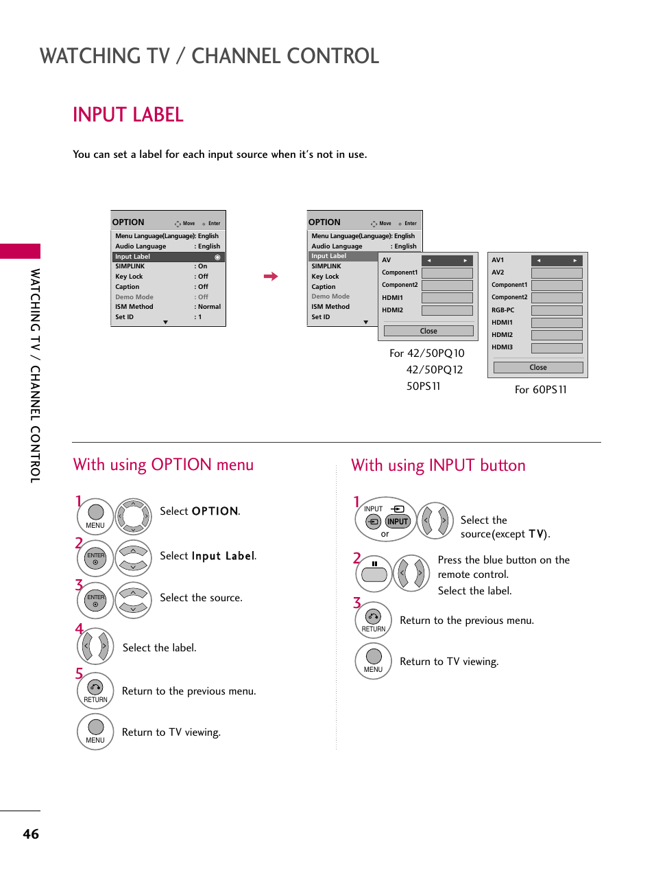 Watching tv / channel control, Input label, With using option menu | With using input button, Wa tching tv / channel contr ol | LG 60PS11 User Manual | Page 48 / 115