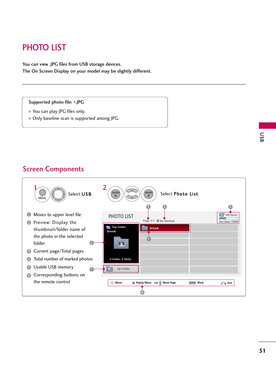 Photo list, Screen components | LG 60PS11 User Manual | Page 53 / 115