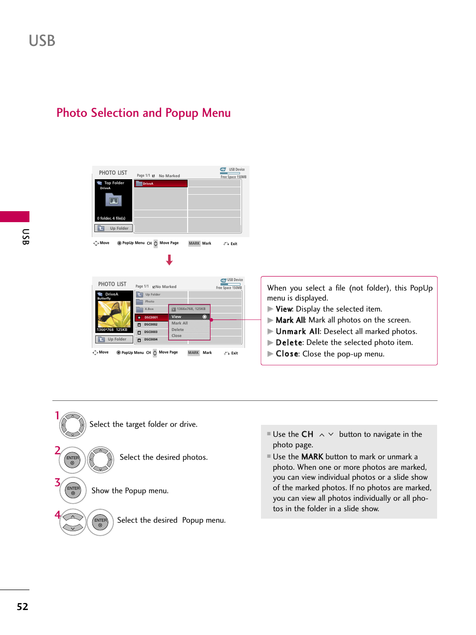 Photo selection and popup menu, Show the popup menu, Select the desired popup menu | Vviieew w: display the selected item, Ddeelleettee: delete the selected photo item, Cc ll o o ss ee: close the pop-up menu | LG 60PS11 User Manual | Page 54 / 115