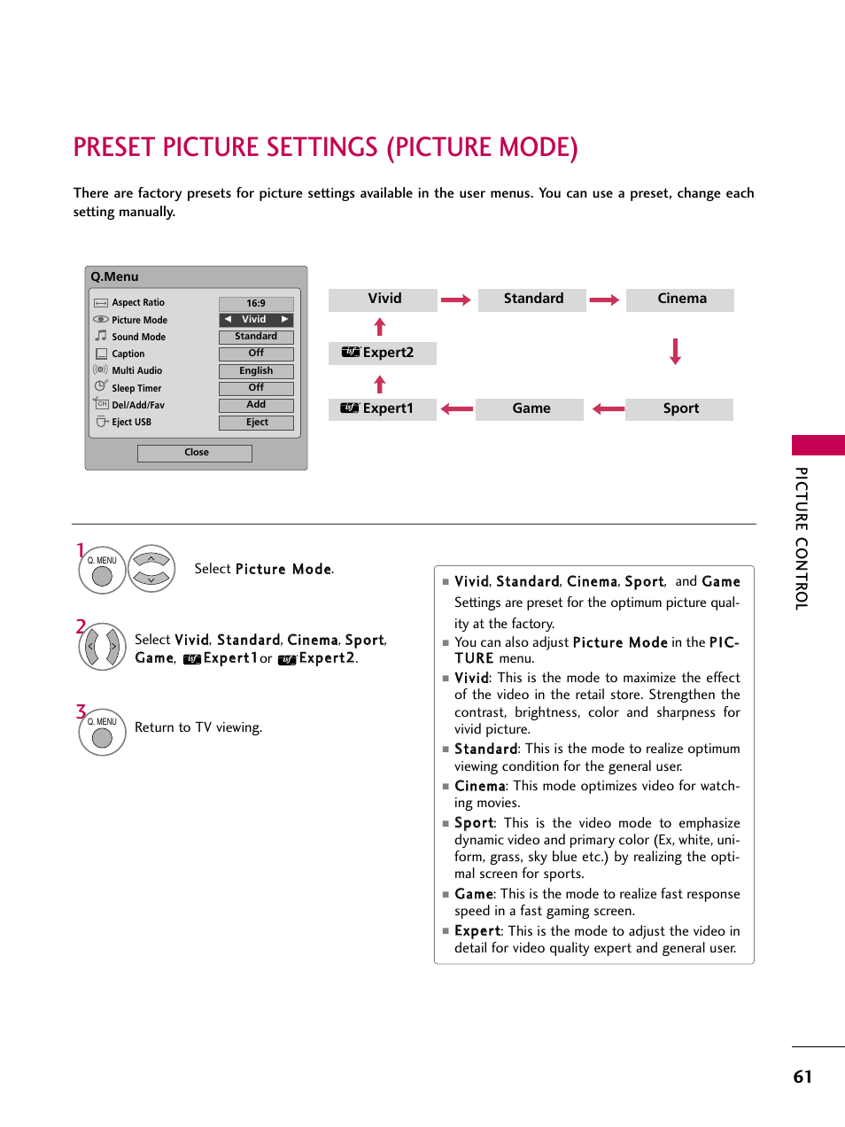 Preset picture settings (picture mode), Picture contr ol | LG 60PS11 User Manual | Page 63 / 115