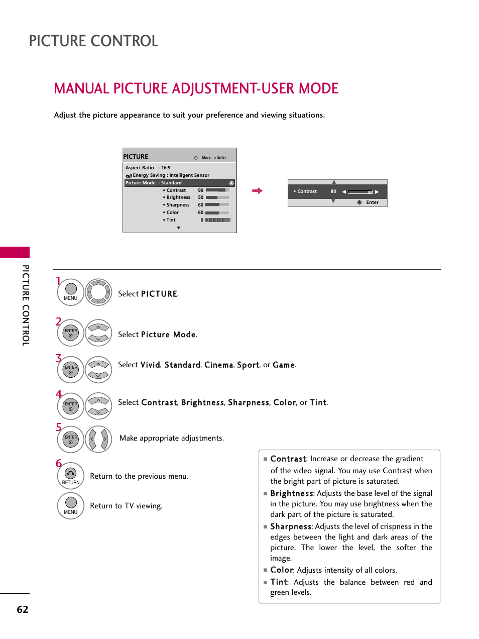 Picture control, Manual picture adjustment-user mode, Picture contr ol | LG 60PS11 User Manual | Page 64 / 115
