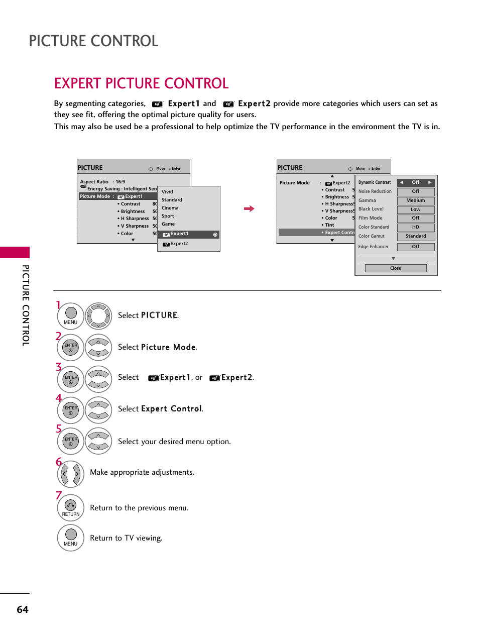 Picture control, Expert picture control, Picture contr ol | LG 60PS11 User Manual | Page 66 / 115