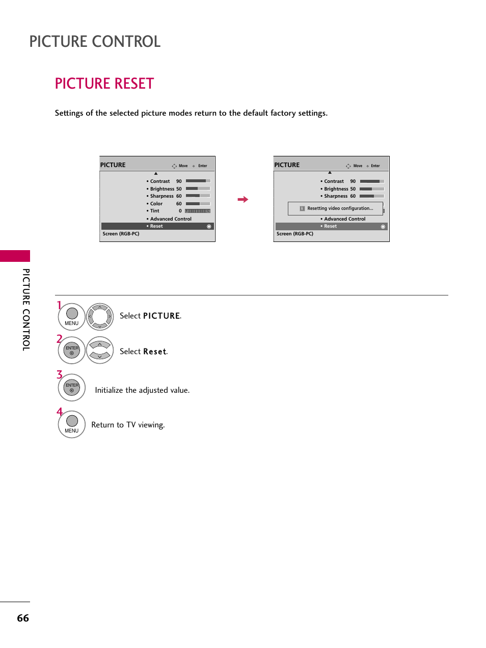 Picture control, Picture reset, Picture contr ol | Return to tv viewing | LG 60PS11 User Manual | Page 68 / 115