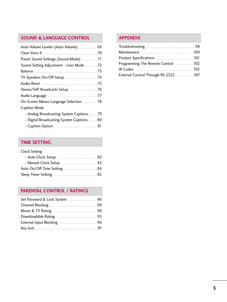 5sound & language control, Time setting, Parental control / ratings | Appendix | LG 60PS11 User Manual | Page 7 / 115