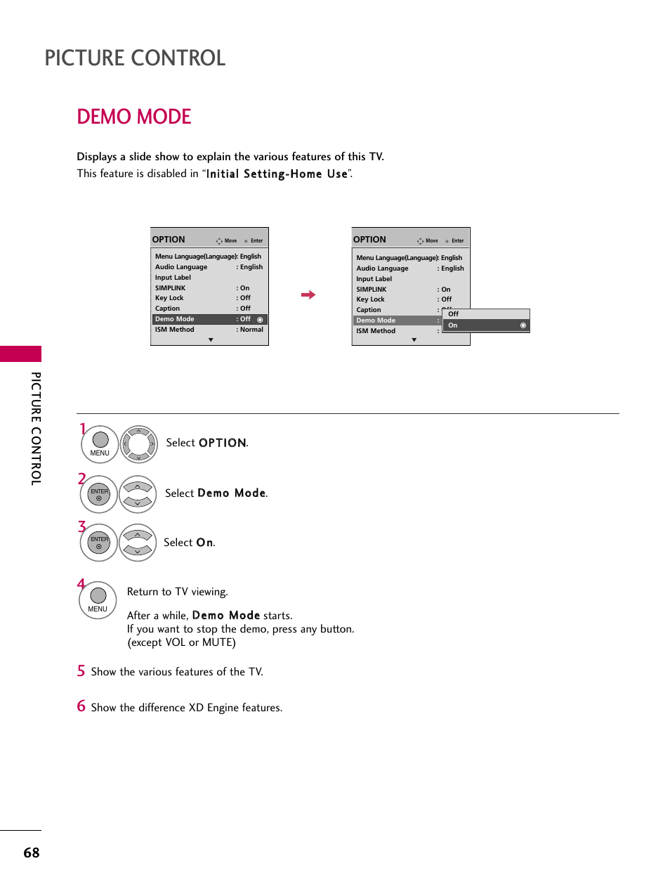 Picture control, Demo mode, Picture contr ol | LG 60PS11 User Manual | Page 70 / 115
