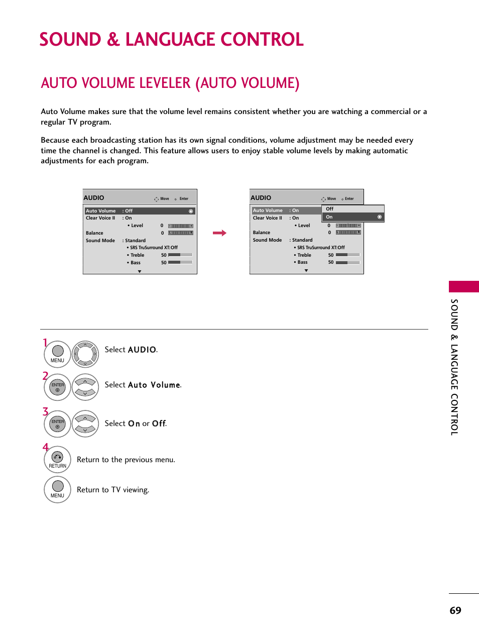 Sound & language control, Auto volume leveler (auto volume), Sound & langu a ge contr ol | LG 60PS11 User Manual | Page 71 / 115