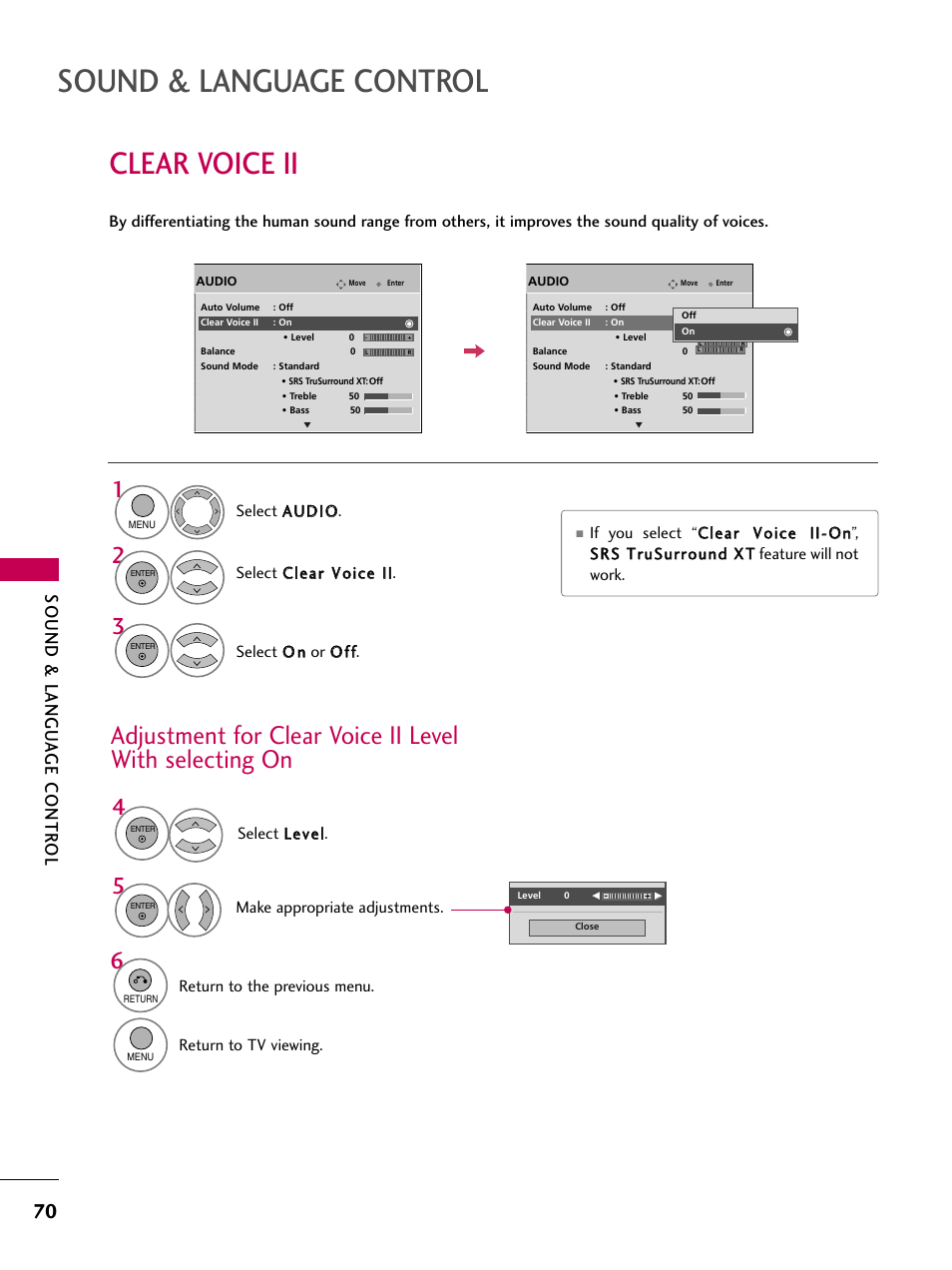 Sound & language control, Clear voice ii, Sound & langu a ge contr ol | LG 60PS11 User Manual | Page 72 / 115