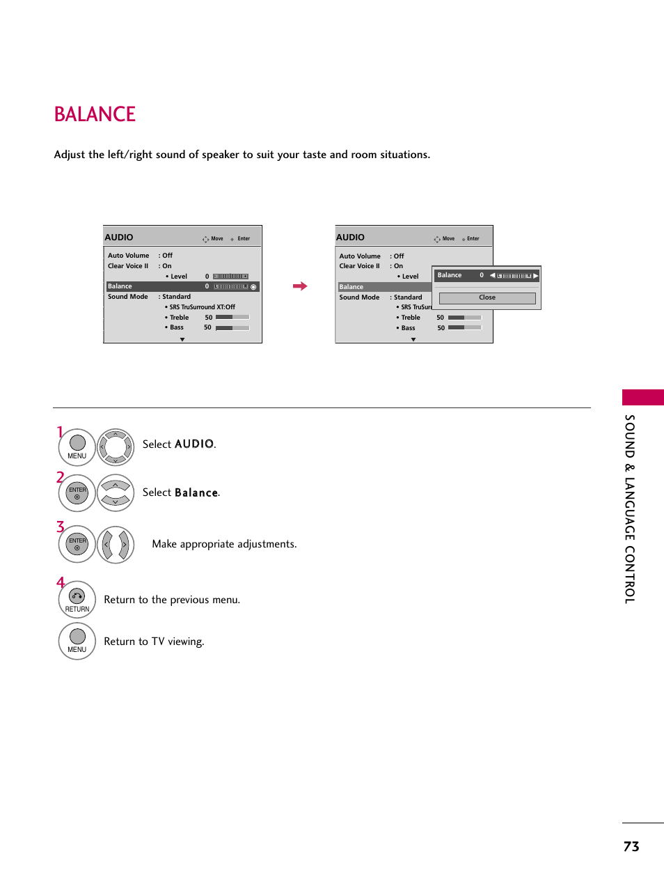 Balance, Sound & langu a ge contr ol, Return to the previous menu | Return to tv viewing | LG 60PS11 User Manual | Page 75 / 115