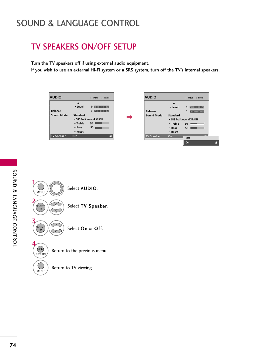 Sound & language control, Tv speakers on/off setup, Sound & langu a ge contr ol | LG 60PS11 User Manual | Page 76 / 115