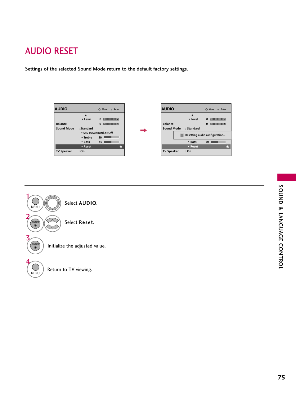 Audio reset, Sound & langu a ge contr ol, Initialize the adjusted value | Return to tv viewing | LG 60PS11 User Manual | Page 77 / 115