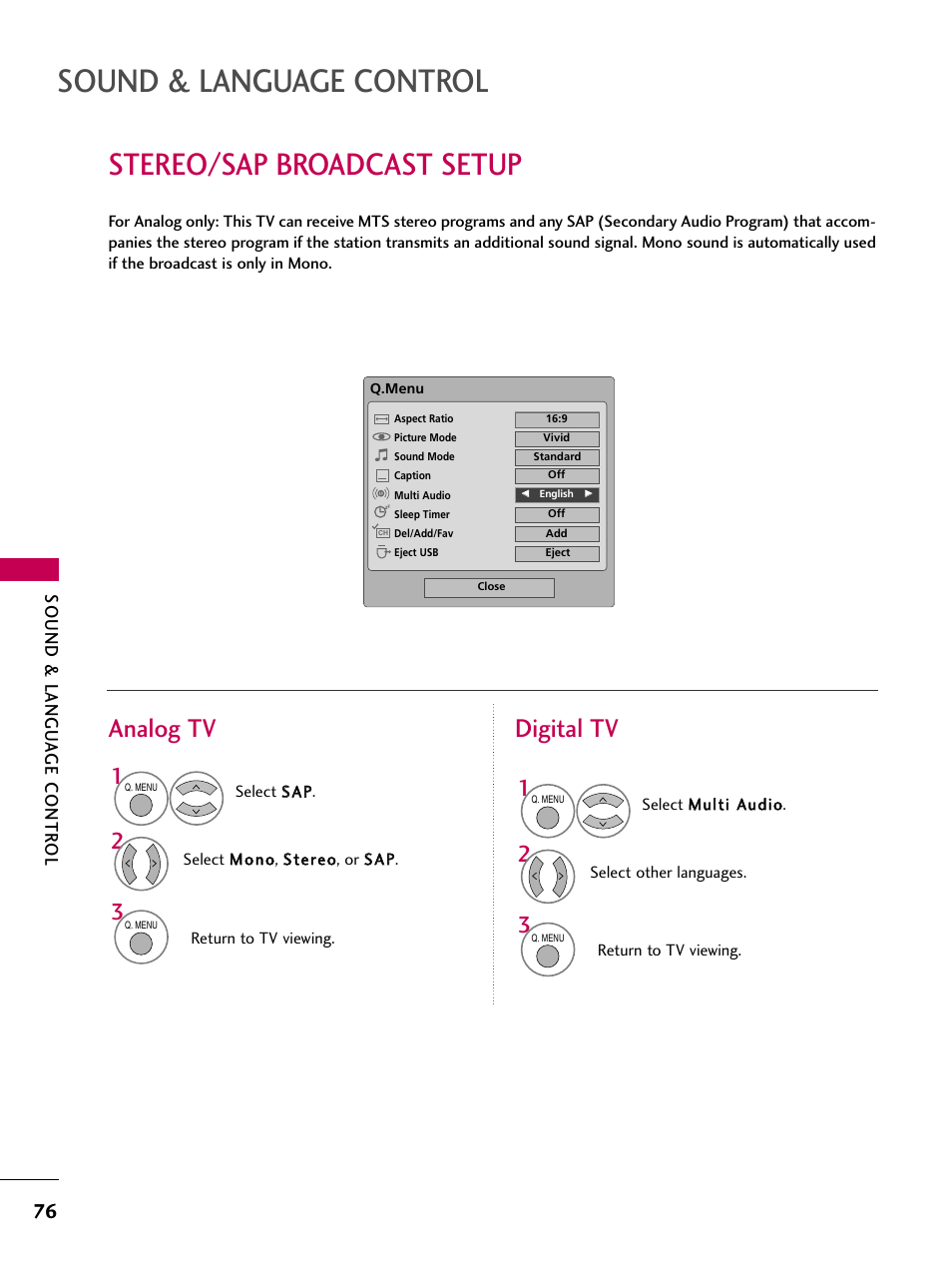 Sound & language control, Stereo/sap broadcast setup, Analog tv digital tv | Sound & langu a ge contr ol | LG 60PS11 User Manual | Page 78 / 115