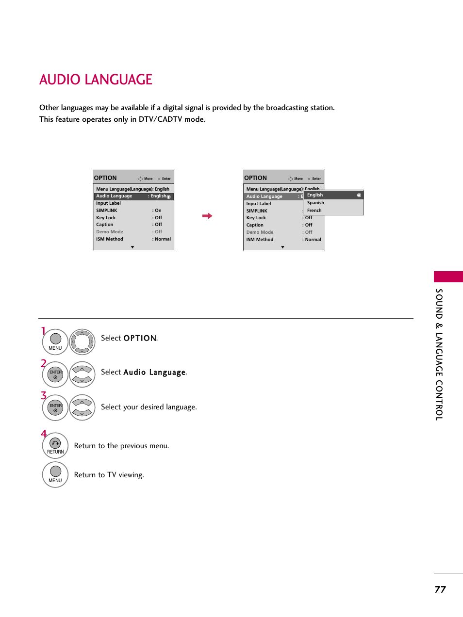 Audio language, Sound & langu a ge contr ol | LG 60PS11 User Manual | Page 79 / 115