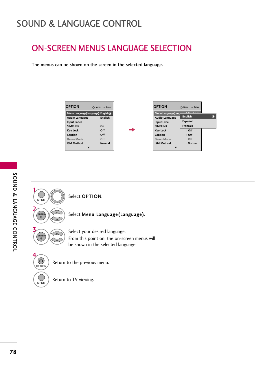 Sound & language control, On-screen menus language selection, Sound & langu a ge contr ol | LG 60PS11 User Manual | Page 80 / 115