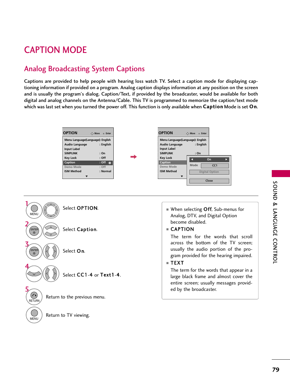 Caption mode, Analog broadcasting system captions, Sound & langu a ge contr ol | LG 60PS11 User Manual | Page 81 / 115