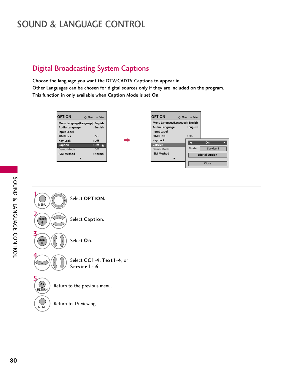 Sound & language control, Digital broadcasting system captions, Sound & langu a ge contr ol | LG 60PS11 User Manual | Page 82 / 115