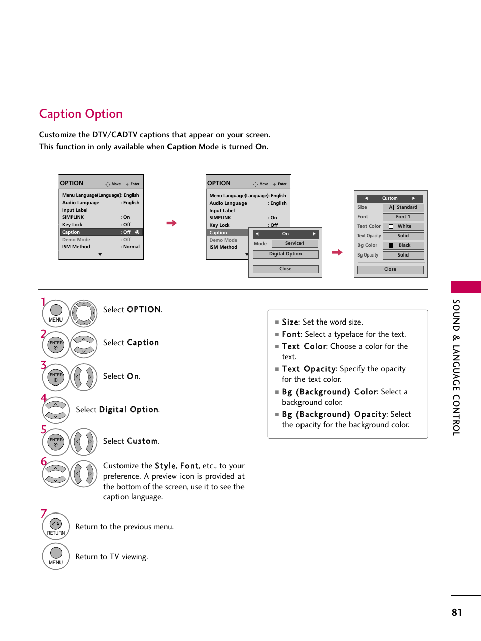 Caption option, Sound & langu a ge contr ol | LG 60PS11 User Manual | Page 83 / 115