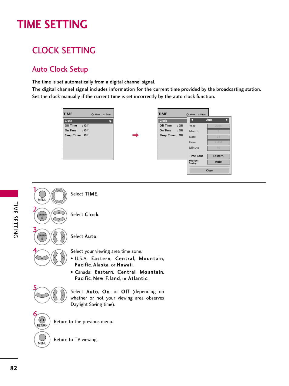 Clock setting, Auto clock setup, Time setting | LG 60PS11 User Manual | Page 84 / 115