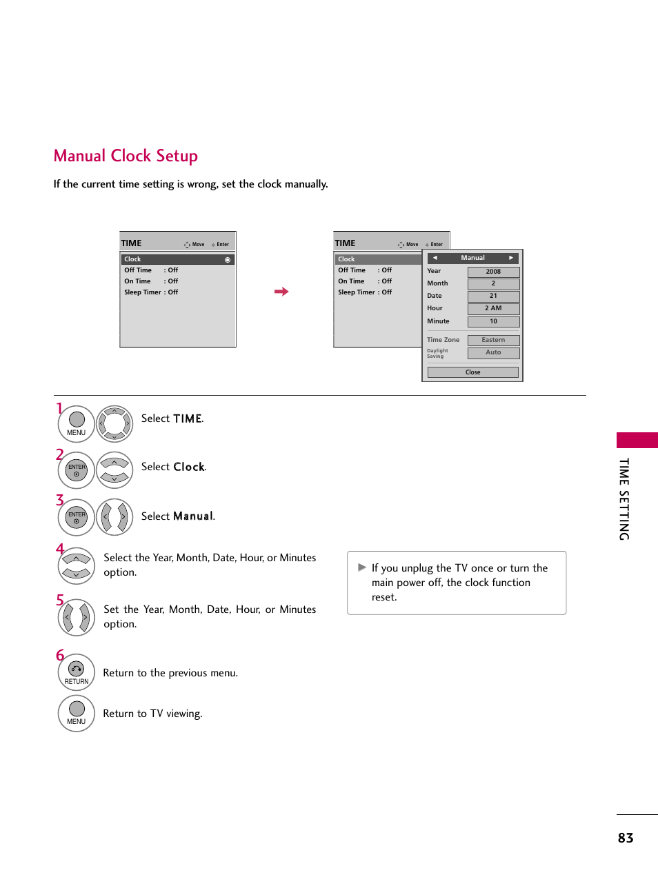 Manual clock setup, Time setting, Set the year, month, date, hour, or minutes option | Return to the previous menu, Return to tv viewing | LG 60PS11 User Manual | Page 85 / 115