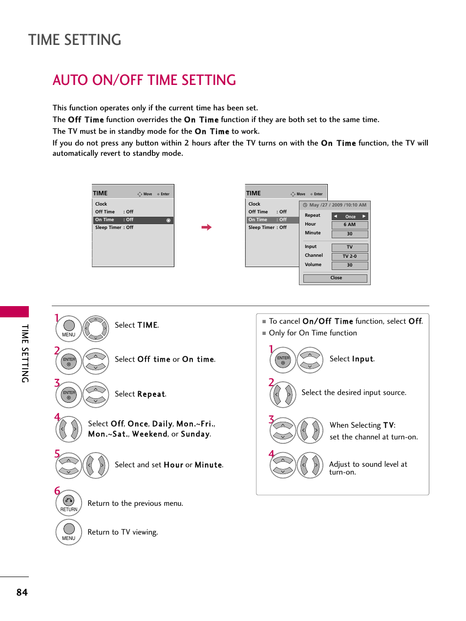 Auto on/off time setting, Time setting | LG 60PS11 User Manual | Page 86 / 115