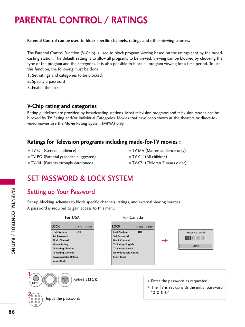 Parental control / ratings, Set password & lock system, Setting up your password | V-chip rating and categories, Parent al contr ol / r a ting | LG 60PS11 User Manual | Page 88 / 115