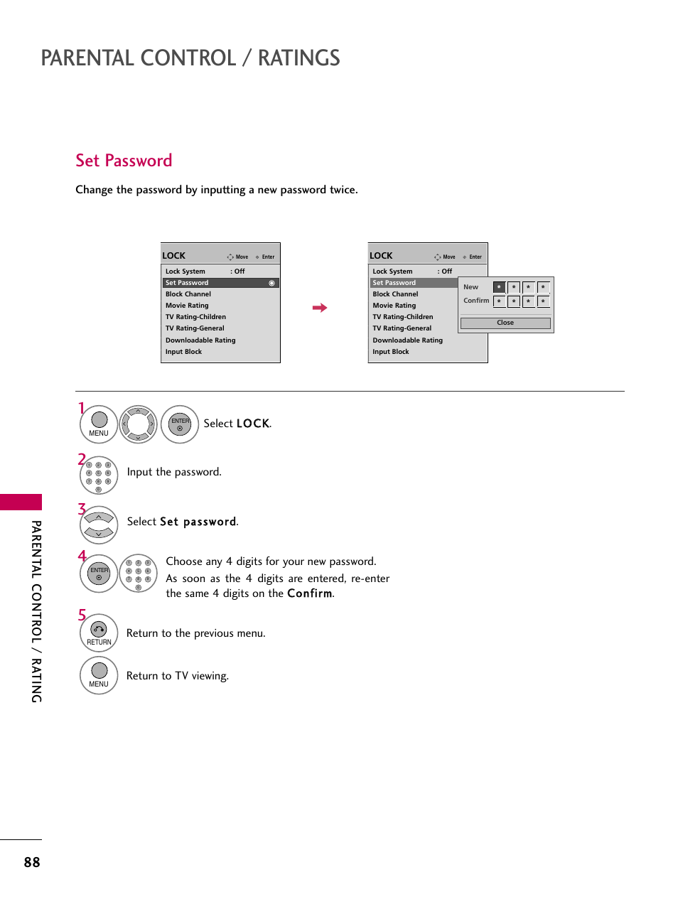 Parental control / ratings, Set password, Parent al contr ol / r a ting | Input the password, Return to the previous menu, Return to tv viewing | LG 60PS11 User Manual | Page 90 / 115