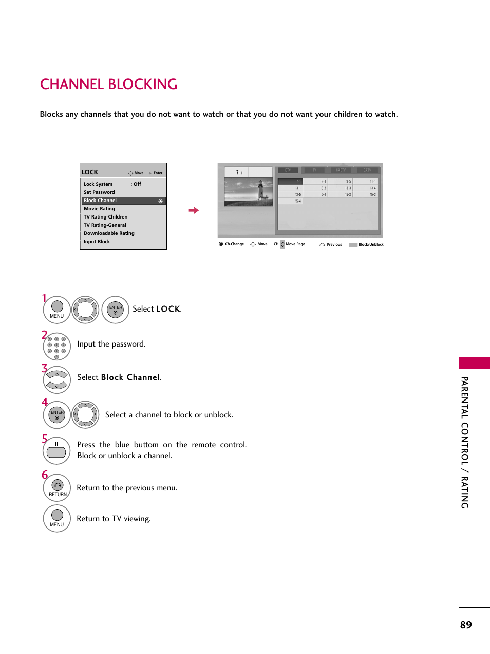 Channel blocking, Parent al contr ol / r a ting | LG 60PS11 User Manual | Page 91 / 115