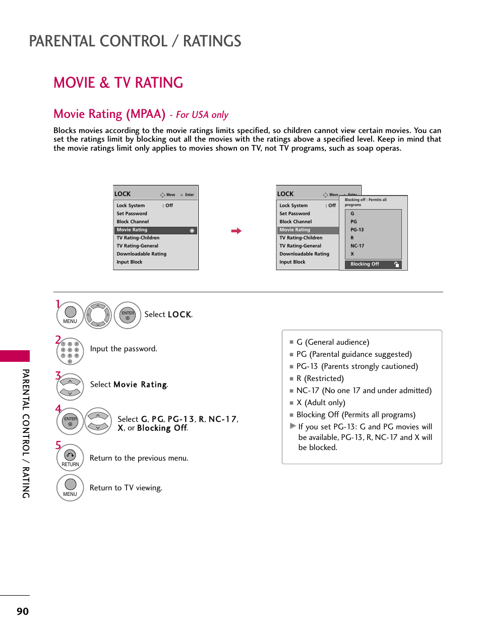 Parental control / ratings, Movie & tv rating, Movie rating (mpaa) | For usa only, Parent al contr ol / r a ting | LG 60PS11 User Manual | Page 92 / 115