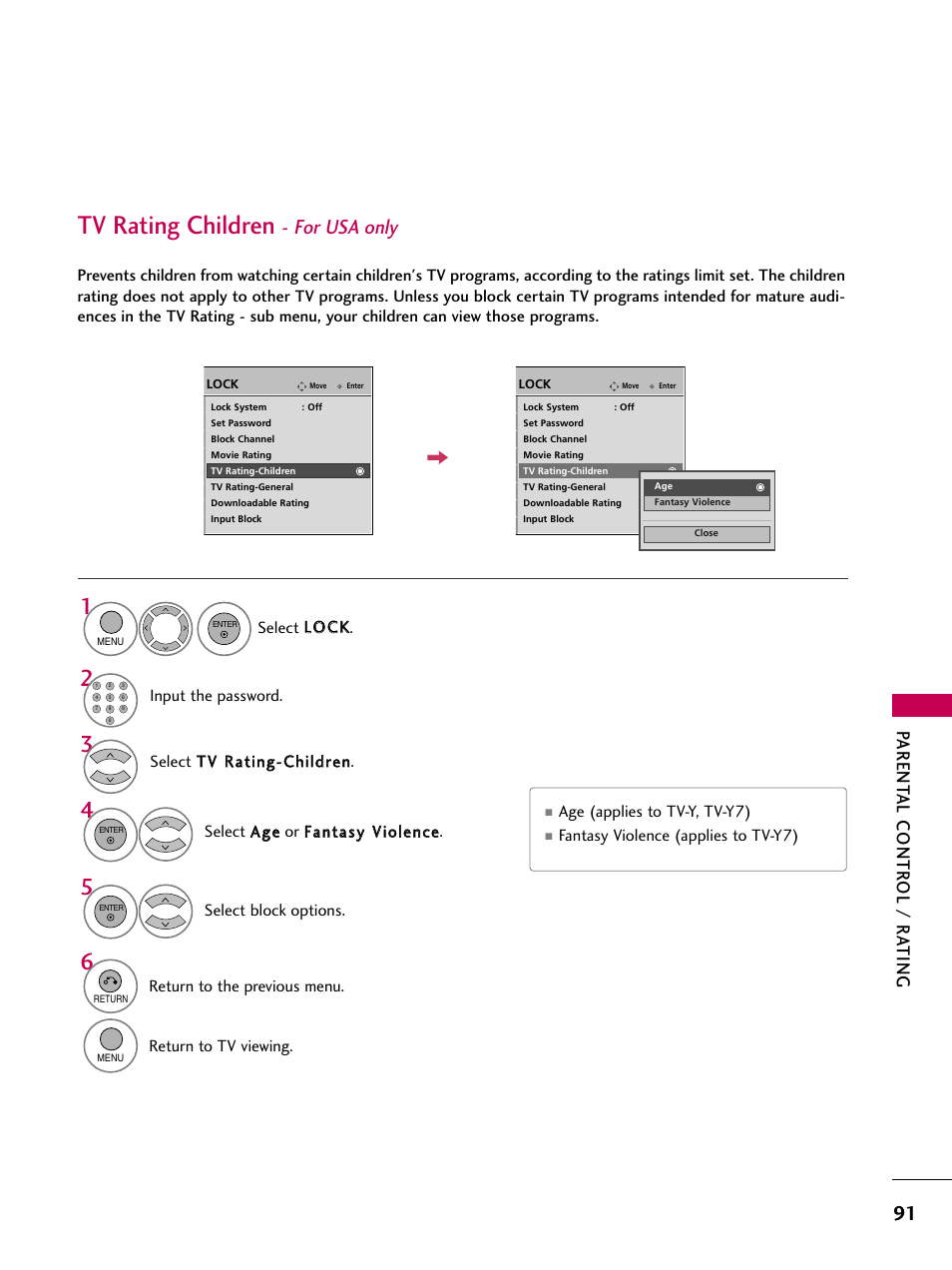 Tv rating children, For usa only, Parent al contr ol / r a ting | LG 60PS11 User Manual | Page 93 / 115