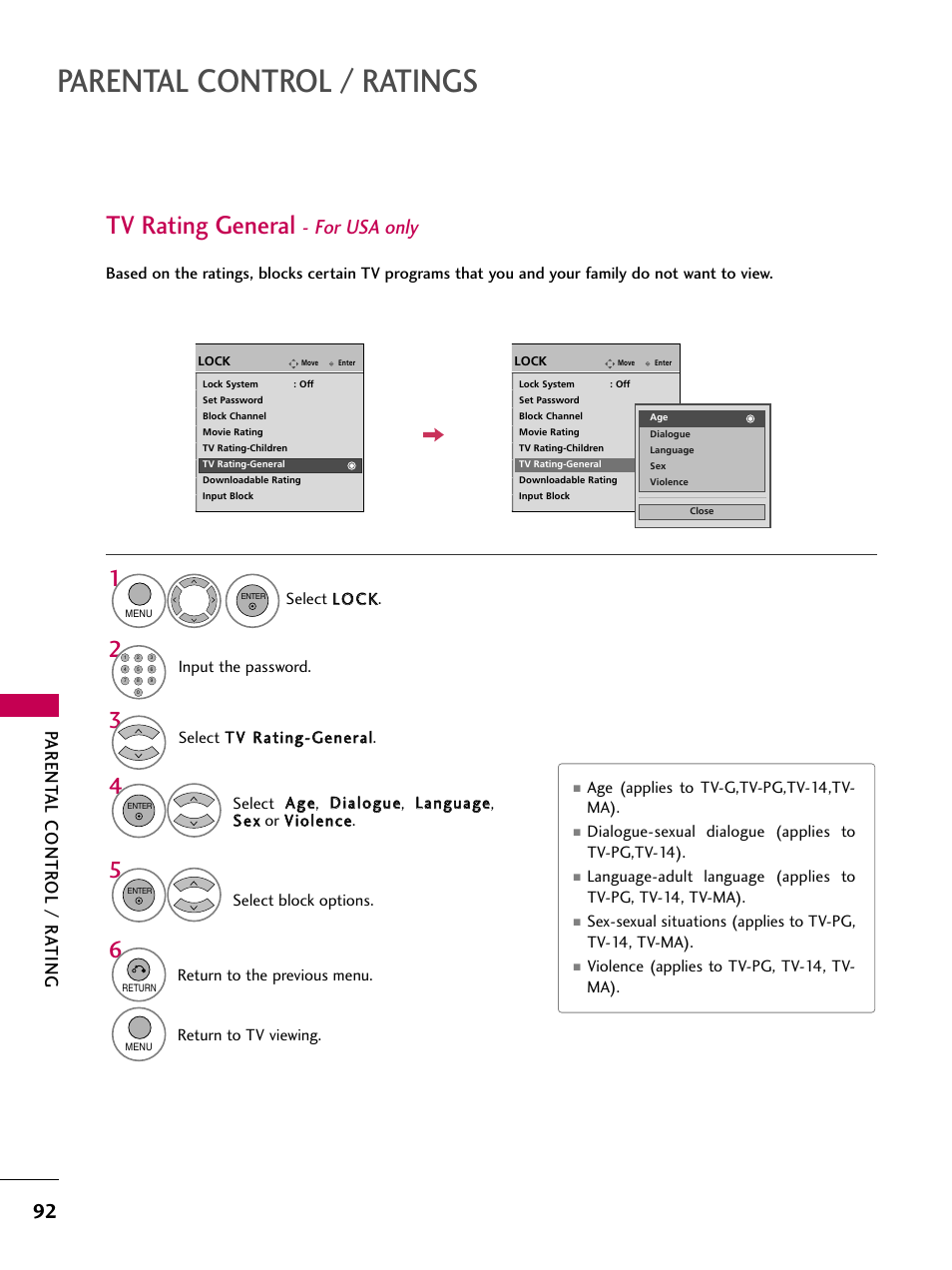 Parental control / ratings, Tv rating general, For usa only | Parent al contr ol / r a ting | LG 60PS11 User Manual | Page 94 / 115