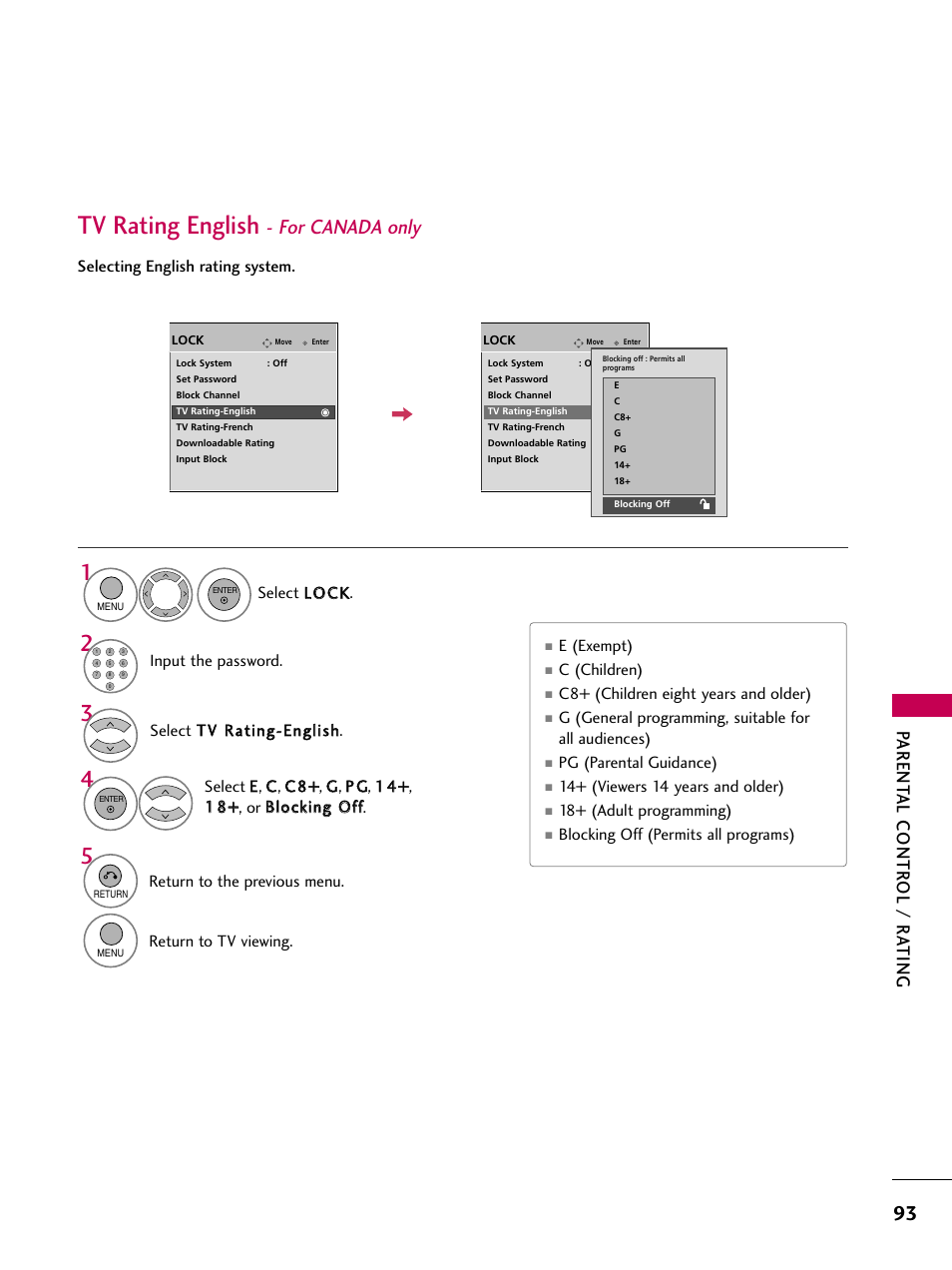 Tv rating english, For canada only, Parent al contr ol / r a ting | LG 60PS11 User Manual | Page 95 / 115