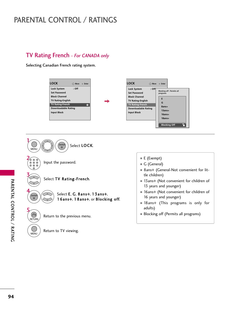 Parental control / ratings, Tv rating french, For canada only | Parent al contr ol / r a ting | LG 60PS11 User Manual | Page 96 / 115